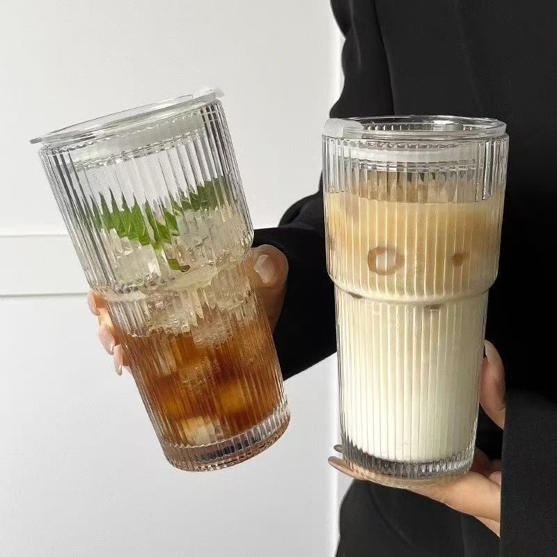 Stylish Ribbed Glass Cup ✨ – Perfect for Coffee, Tea & Smoothies ☕️🥤