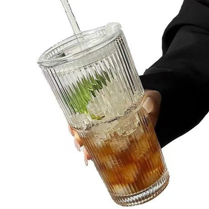 Stylish Ribbed Glass Cup ✨ – Perfect for Coffee, Tea & Smoothies ☕️🥤