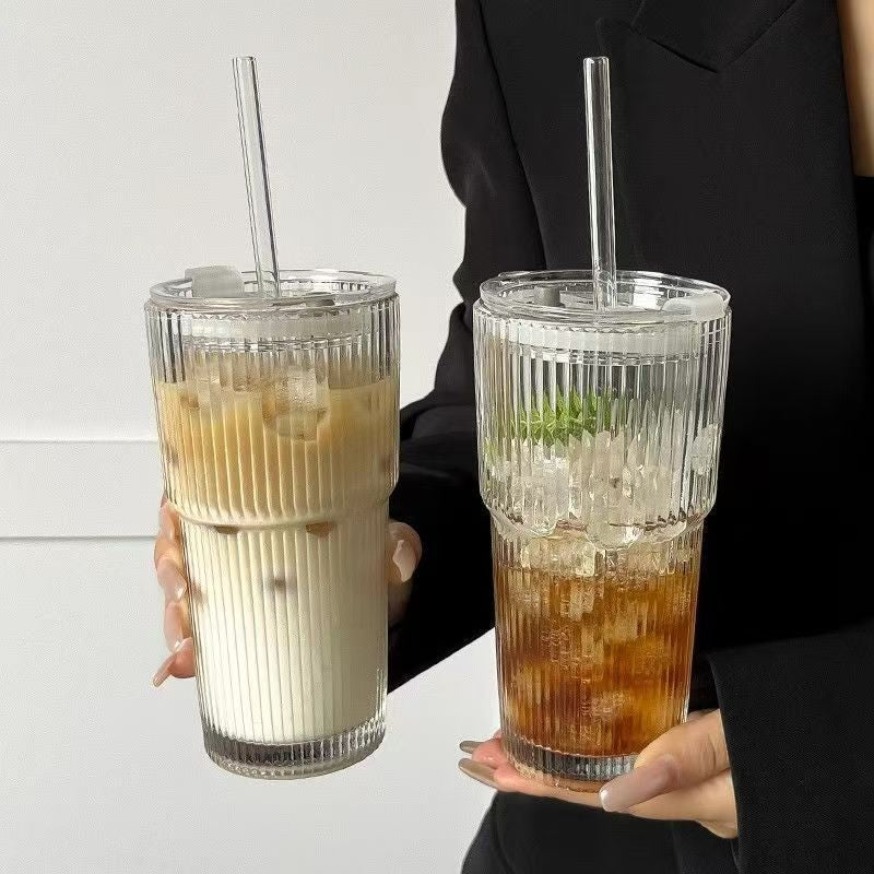 Stylish Ribbed Glass Cup ✨ – Perfect for Coffee, Tea & Smoothies ☕️🥤