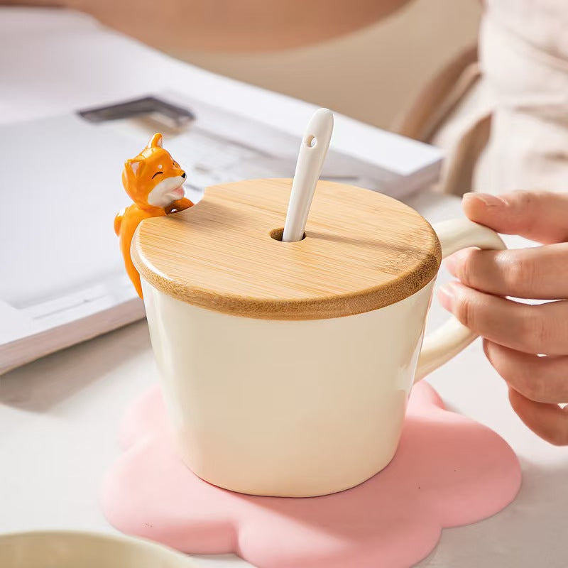 Adorable Ceramic Cup with Bamboo Lid & Spoon 🐱🐶 – Perfect for Coffee, Tea & Soups ☕️