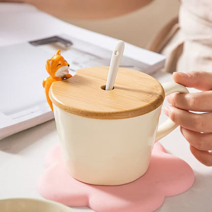 Adorable Ceramic Cup with Bamboo Lid & Spoon 🐱🐶 – Perfect for Coffee, Tea & Soups ☕️
