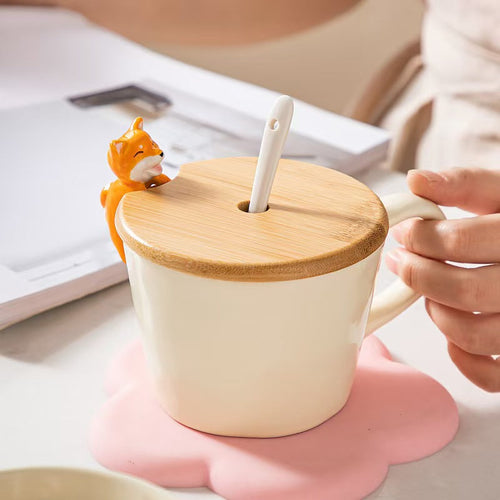 Adorable Ceramic Cup with Bamboo Lid & Spoon 🐱🐶 – Perfect for Coffee, Tea & Soups ☕️