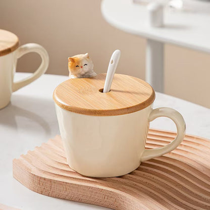 Adorable Ceramic Cup with Bamboo Lid & Spoon 🐱🐶 – Perfect for Coffee, Tea & Soups ☕️