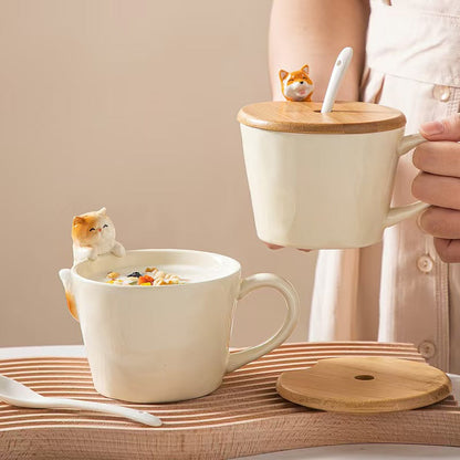 Adorable Ceramic Cup with Bamboo Lid & Spoon 🐱🐶 – Perfect for Coffee, Tea & Soups ☕️